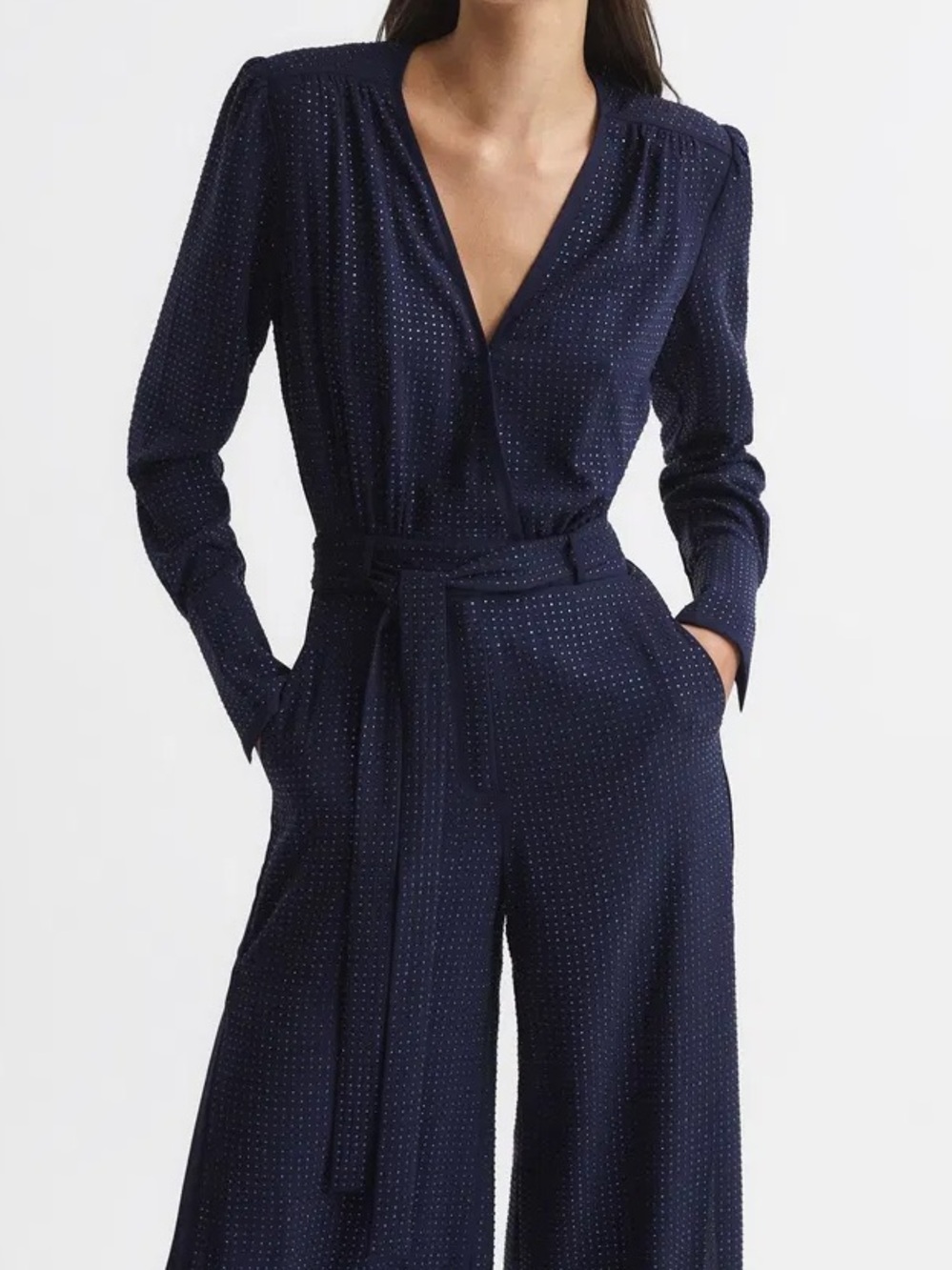 Reiss Luka Long Sleeve Embellished Jumpsuit in Navy Size 8